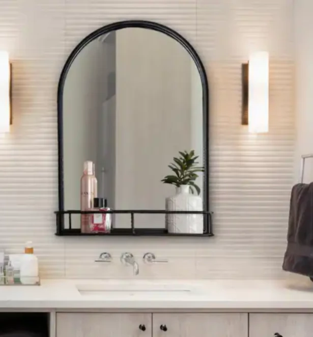 Arched Metal Framed Mirror with Shelf