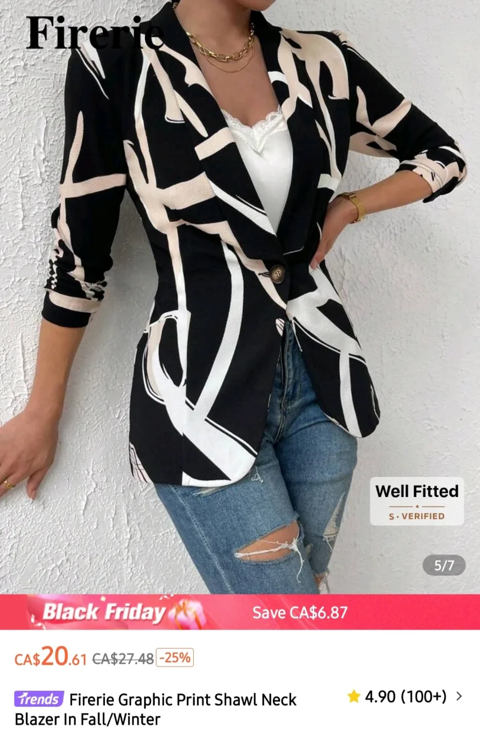 Firerie Graphic Print Shawl Neck Blazer image indicator(3)