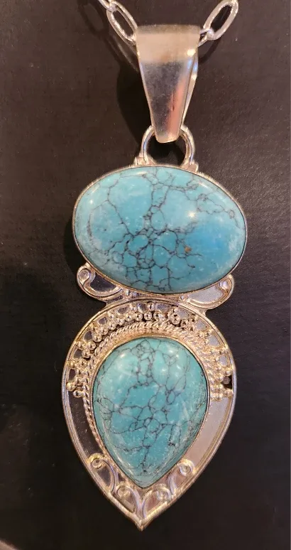 Natural Turquoise & Silver Pendant Necklace