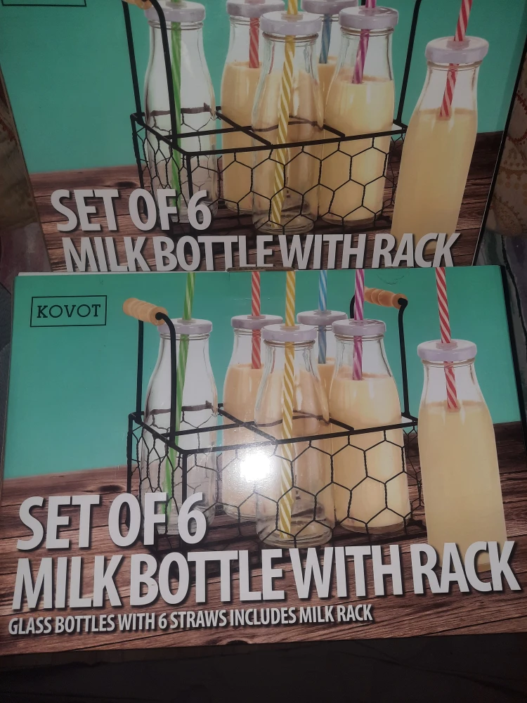 Set of 6 Glass Milk Bottles with Vintage Style Wire Rack