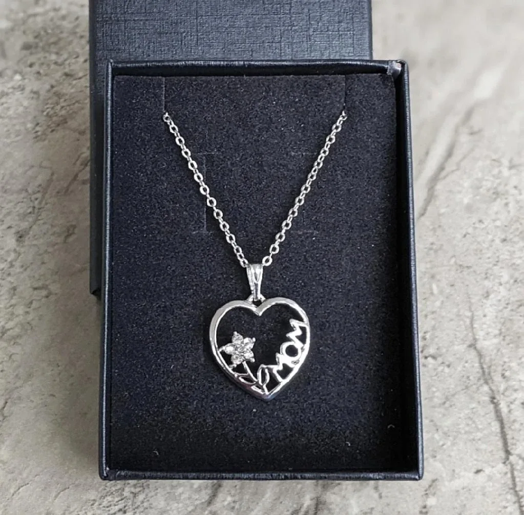 Floral Mom Heart Necklace With  Swarovski Crystals Silver Plated thumbnail