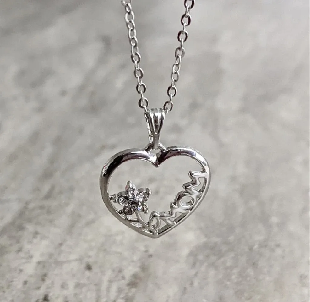 Floral Mom Heart Necklace With  Swarovski Crystals Silver Plated image indicator(2)
