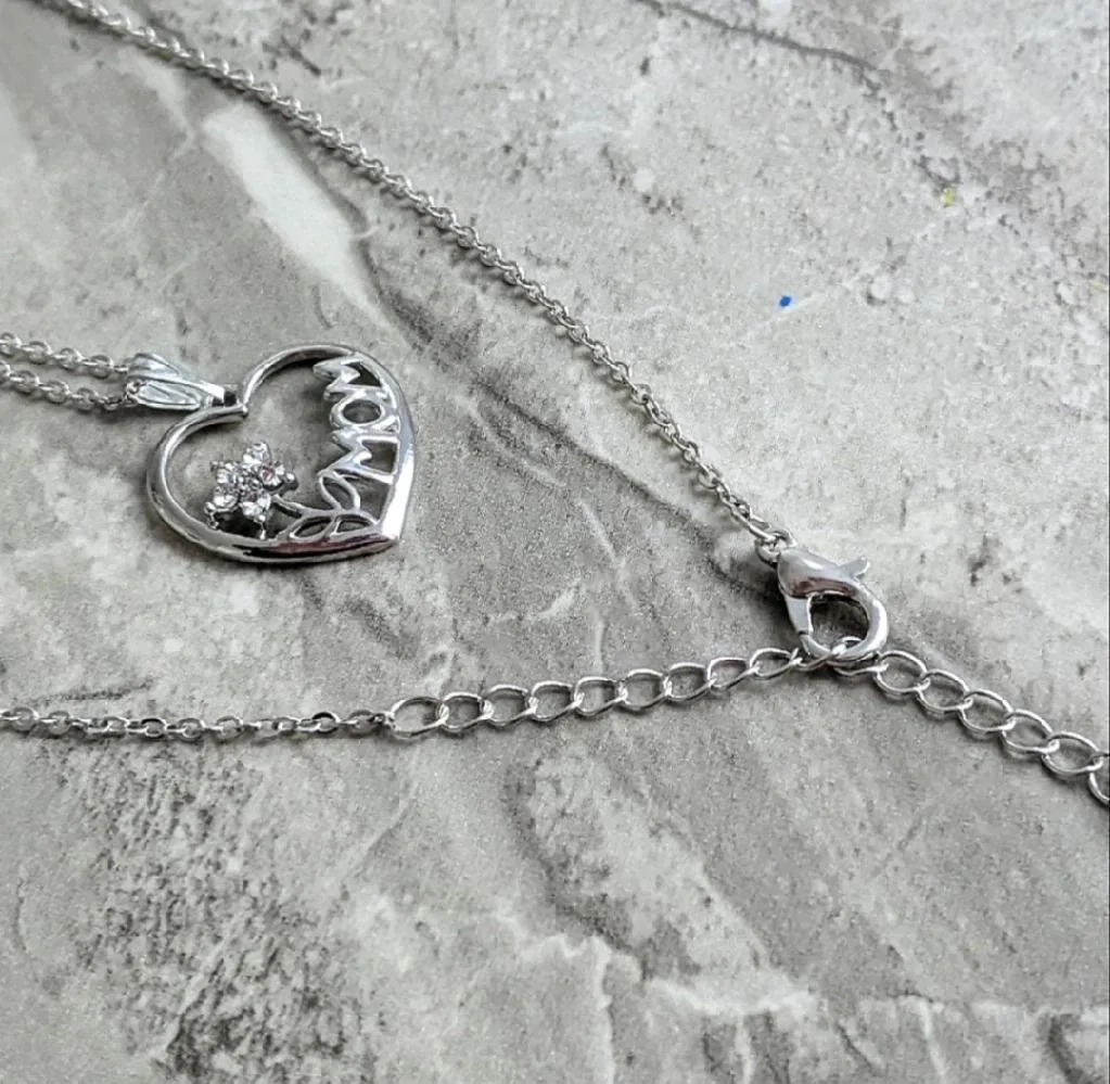 Floral Mom Heart Necklace With  Swarovski Crystals Silver Plated image indicator(3)