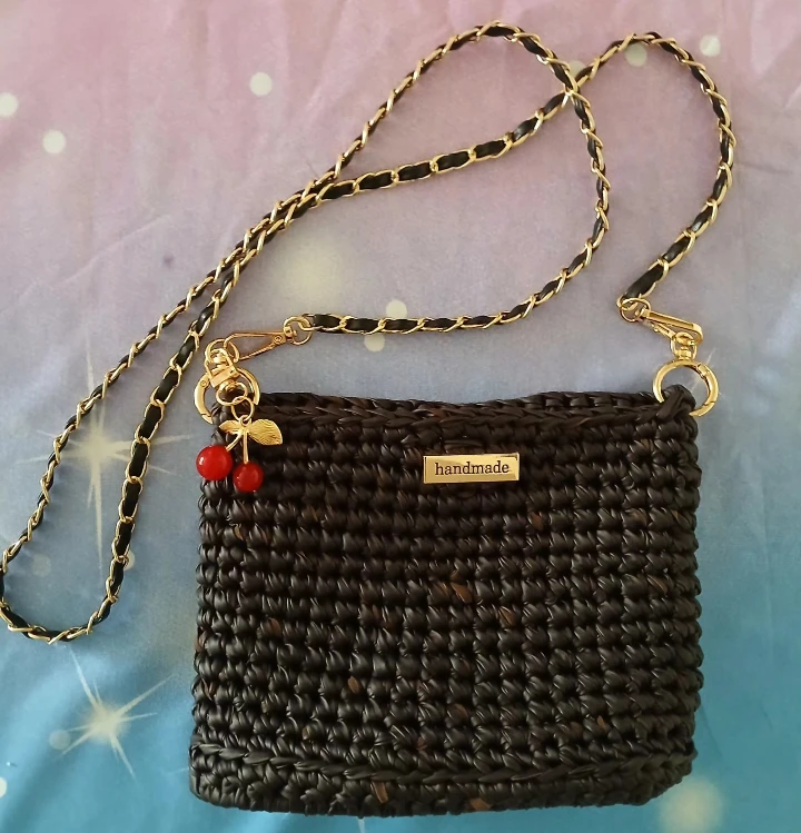 Handmade dark brown Crocheted Bag w/ Gold Chain