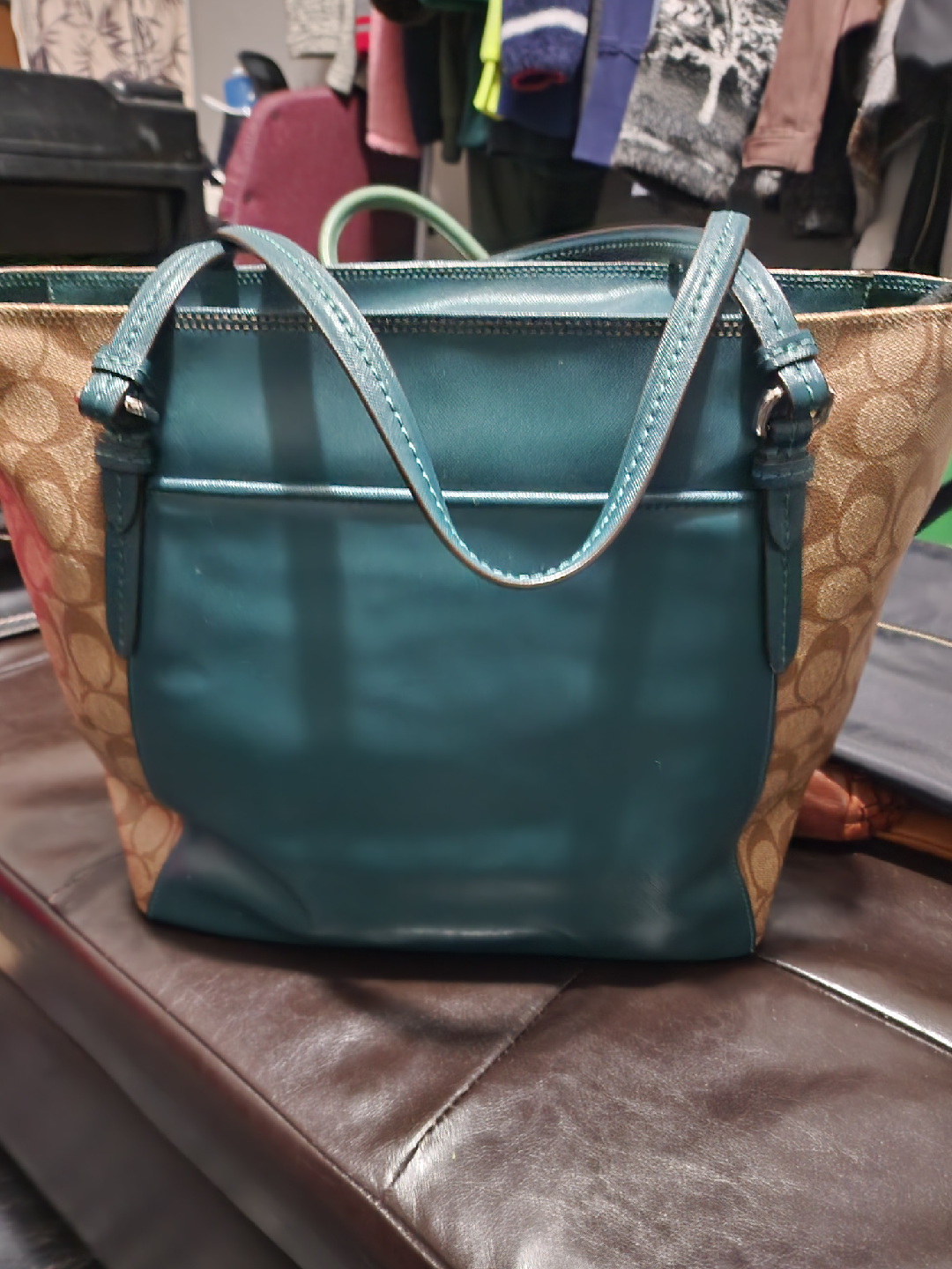Coach Teal Leather & Signature Canvas Tote Bag - photo 2