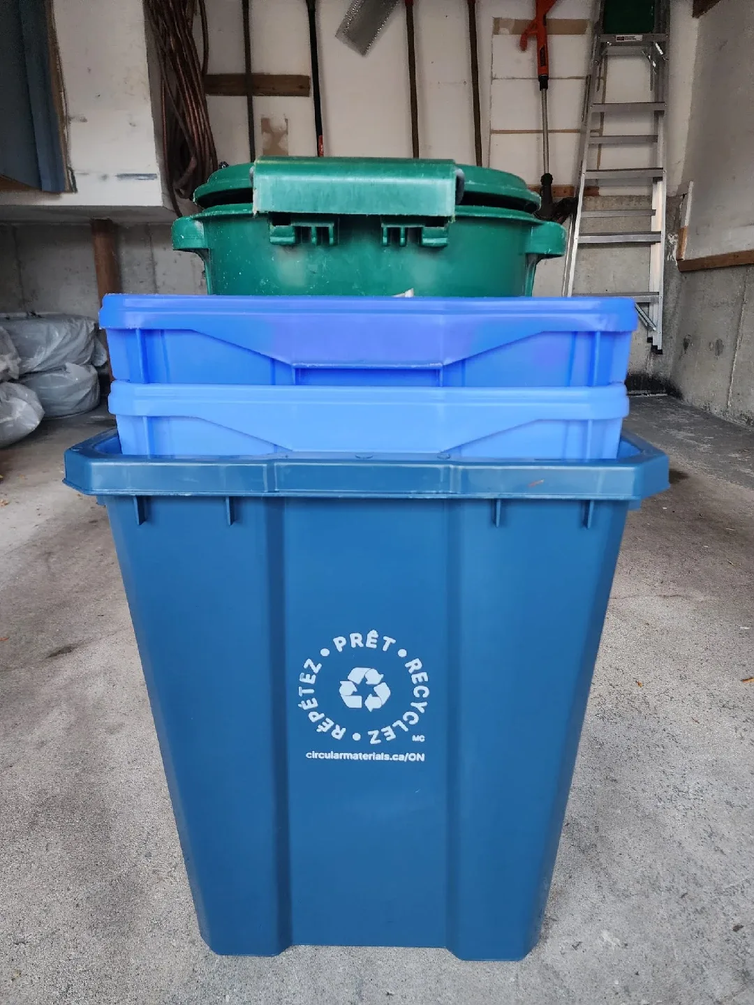 Blue Recycling and green organic Bin