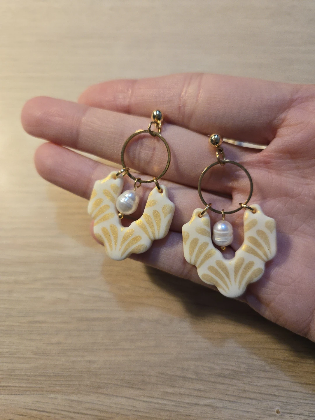 White & Gold Polymer Clay Earrings, Clearance - photo 3