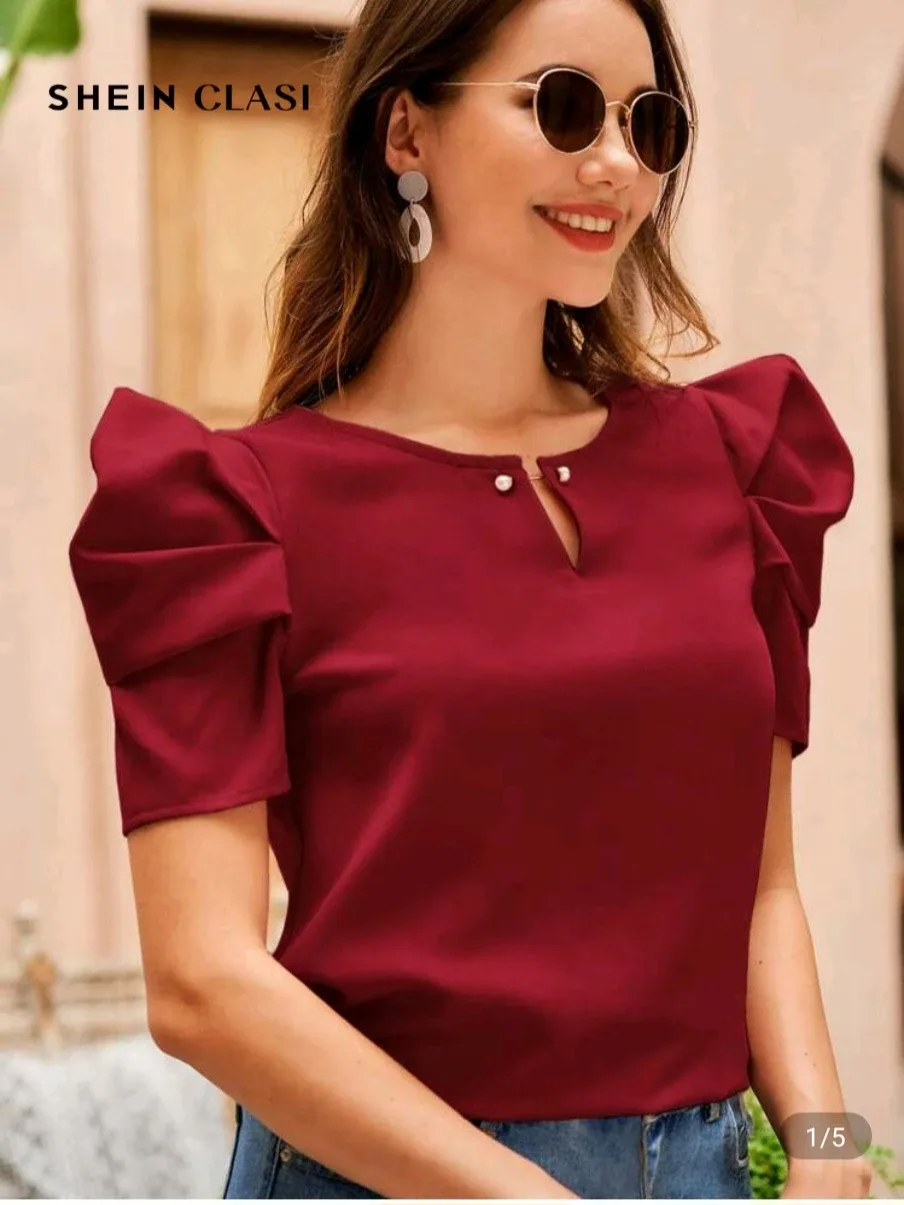 SHEIN CLASI Puff Sleeve Blouse - Burgundy & Xara White Blouse🥕 image indicator(4)