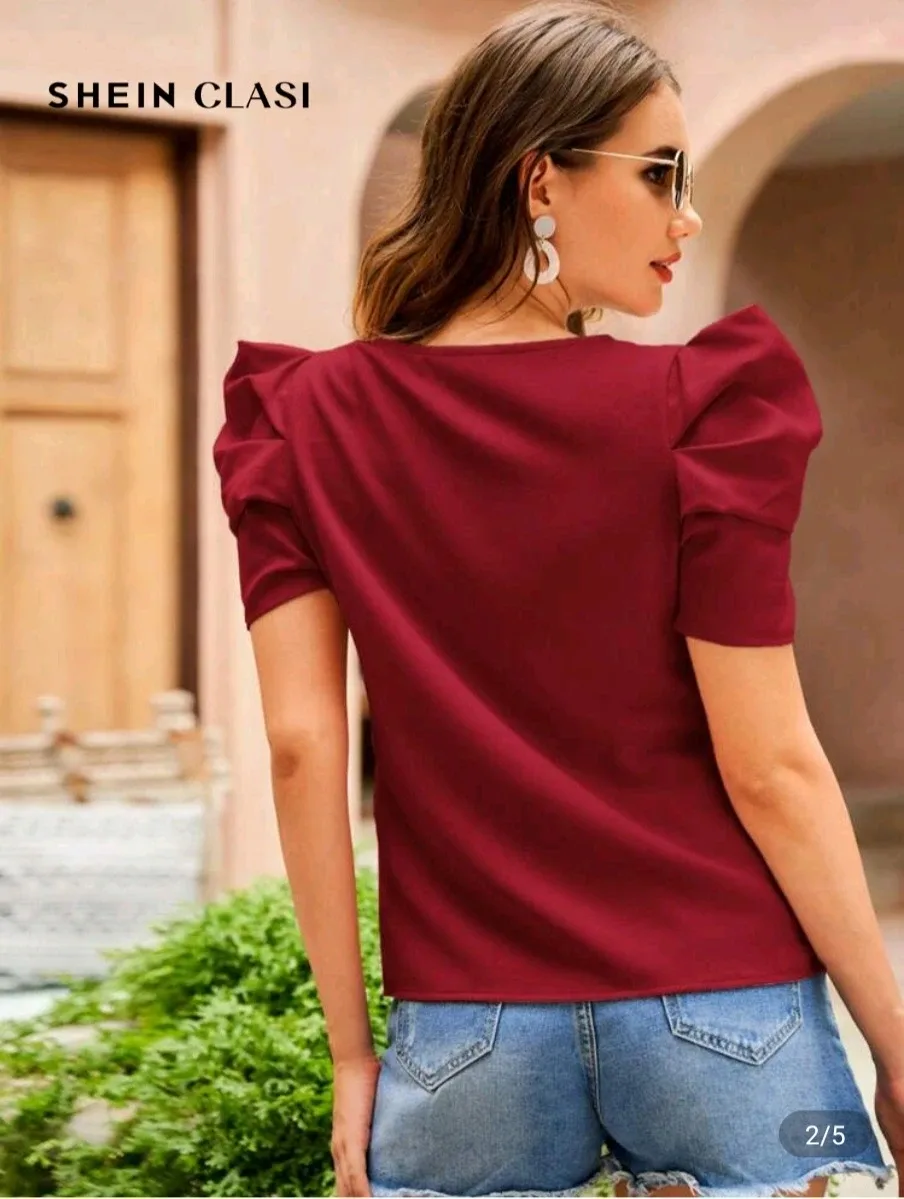 SHEIN CLASI Puff Sleeve Blouse - Burgundy & Xara White Blouse🥕 image indicator(5)