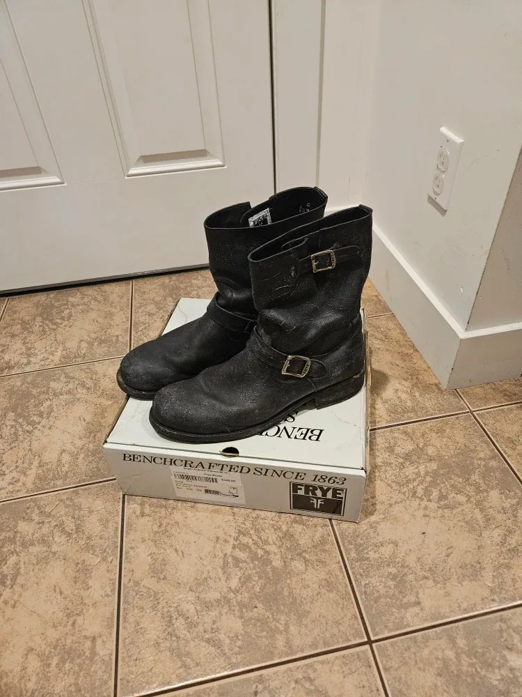 Frye Rogan Engineer Distressed Black Boots, Size 13
