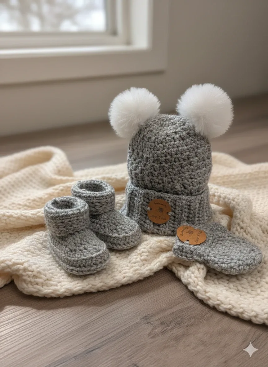 Handmade Grey Crochet Baby Hat, Booties & Mittens Set