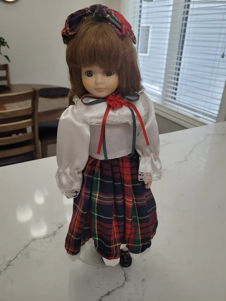 Porcelain Doll with Plaid Dress