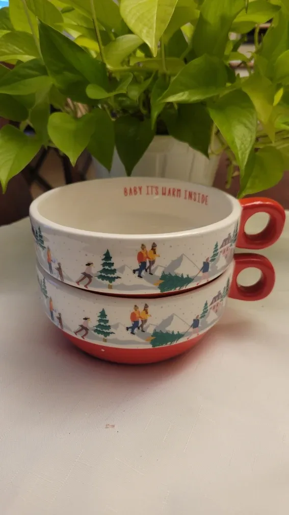 Brand New 2 Ceramic Christmas Festive Stacking Soup Bowls