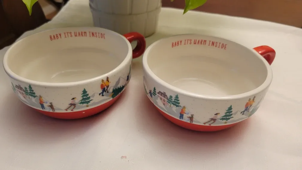 Brand New 2 Ceramic Christmas Festive Stacking Soup Bowls image indicator(2)