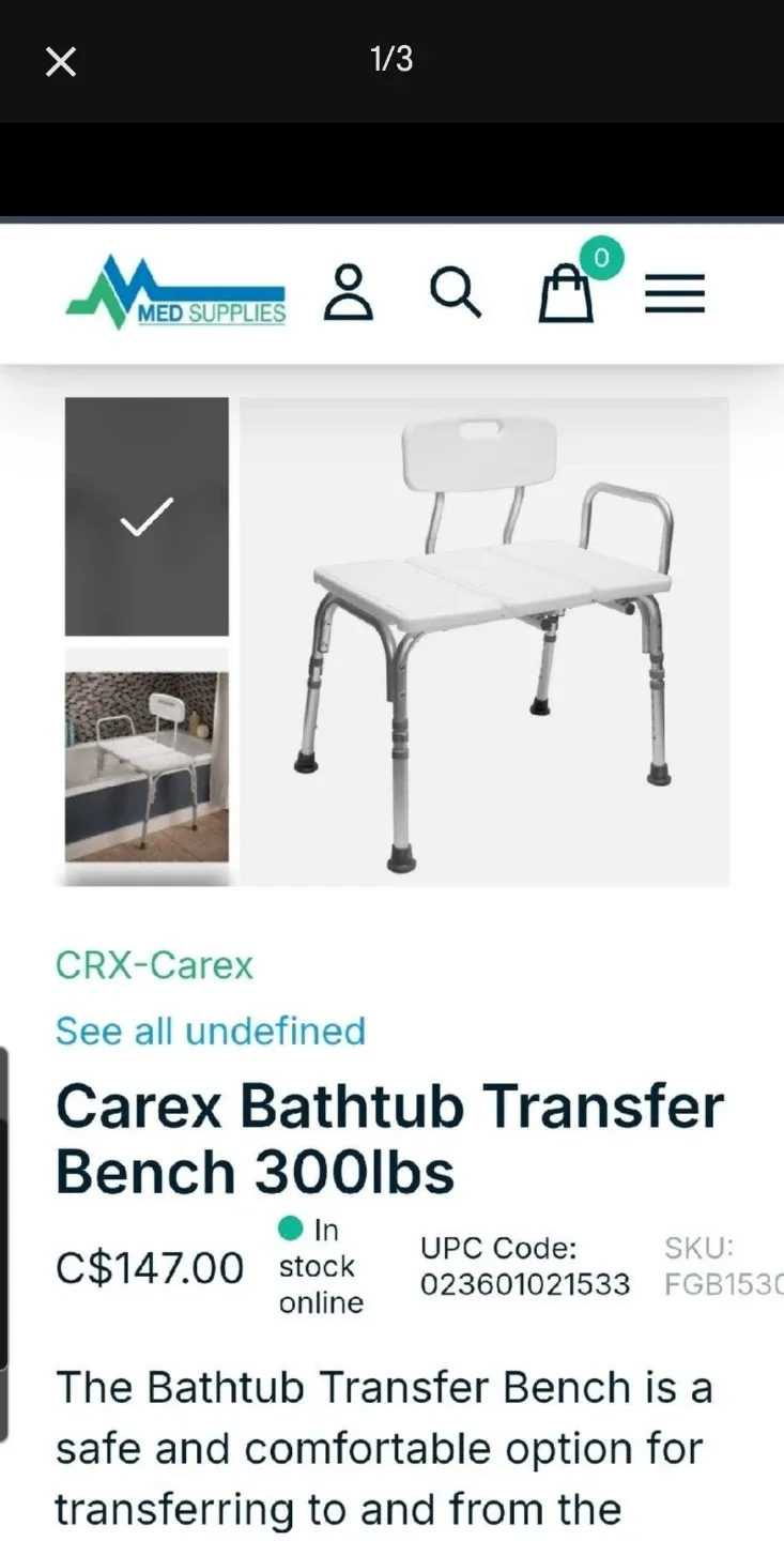Carex Bathtub Transfer Bench 300lbs