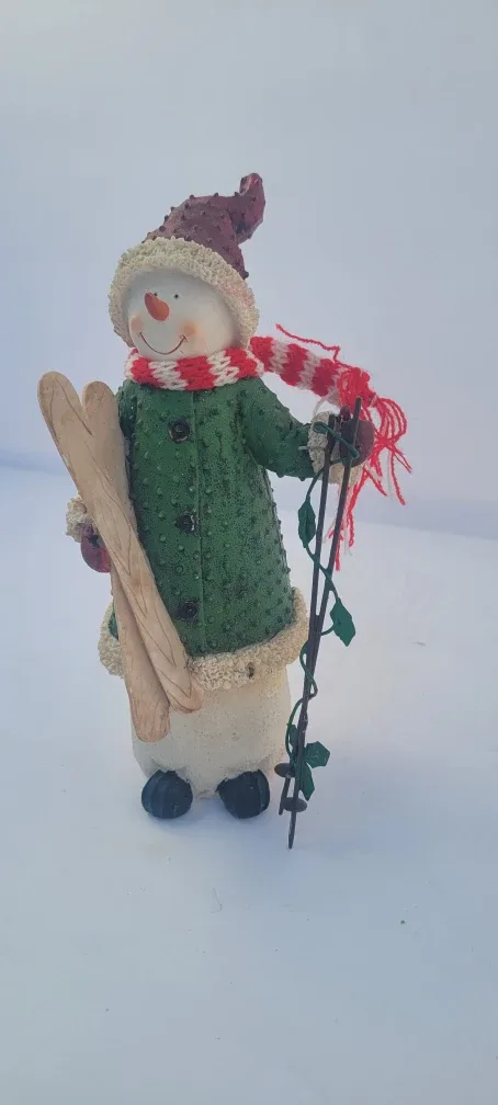 Snowman Figurine with Skis, 8 inches tall