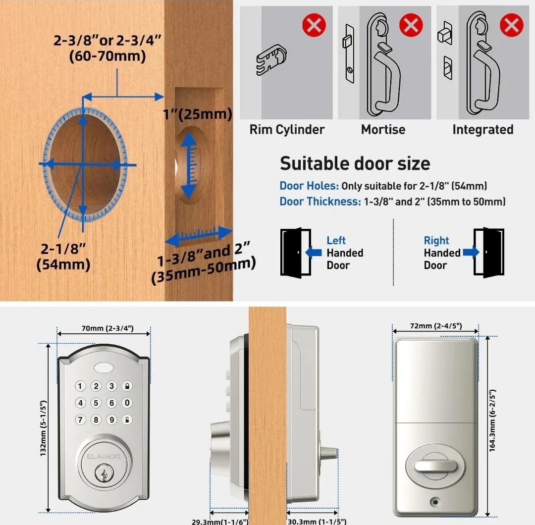 ELAMOR M19 Keyless Entry Door Lock - Sand Nickel image indicator(4)