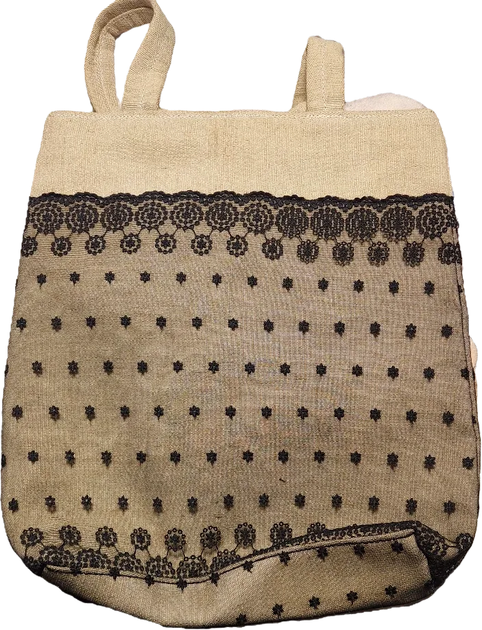 Beige Tote Bag with Black Lace Detail