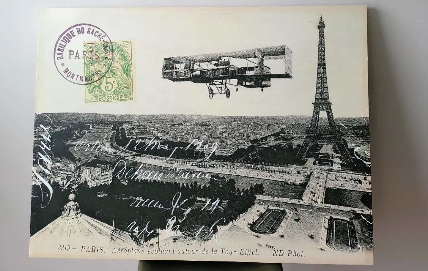 Vintage Paris Aeroplane Eiffel Tower Postcard Art. 40 x 30" image indicator(6)
