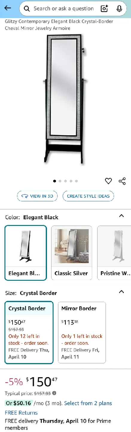 Glitzy Black Crystal-Border Cheval Mirror Armoire