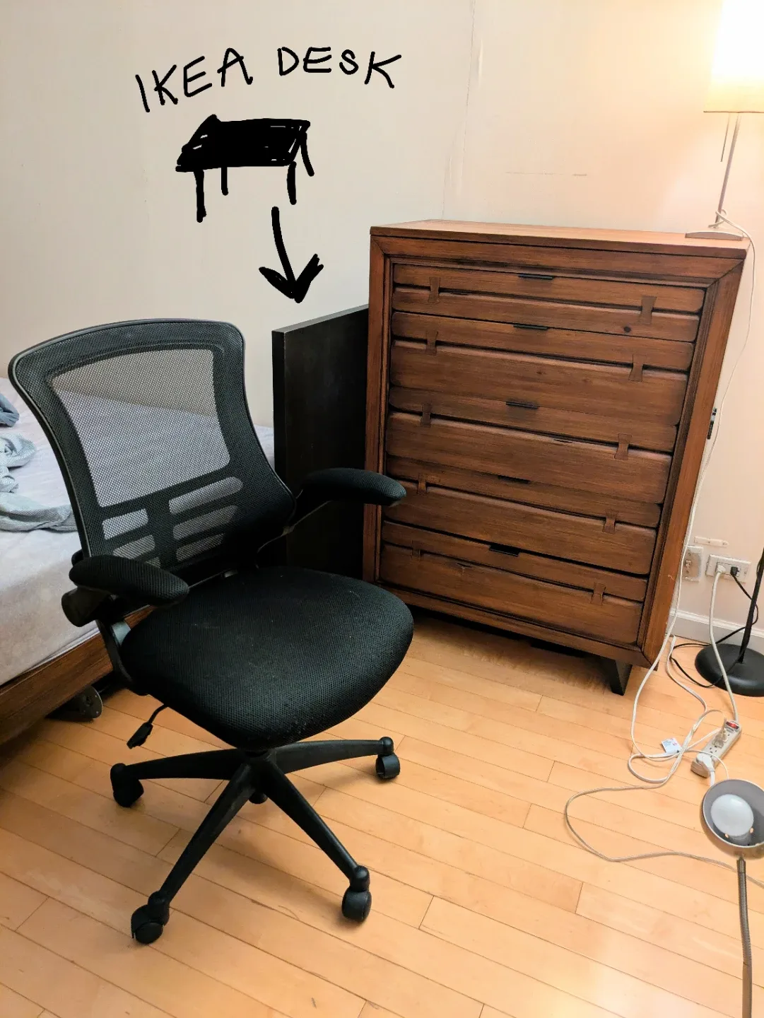 IKEA Black Desk+Wood Dresser+Mesh Chair image indicator(2)