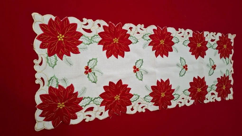 Poinsettia Embroidered Table Runner 36"