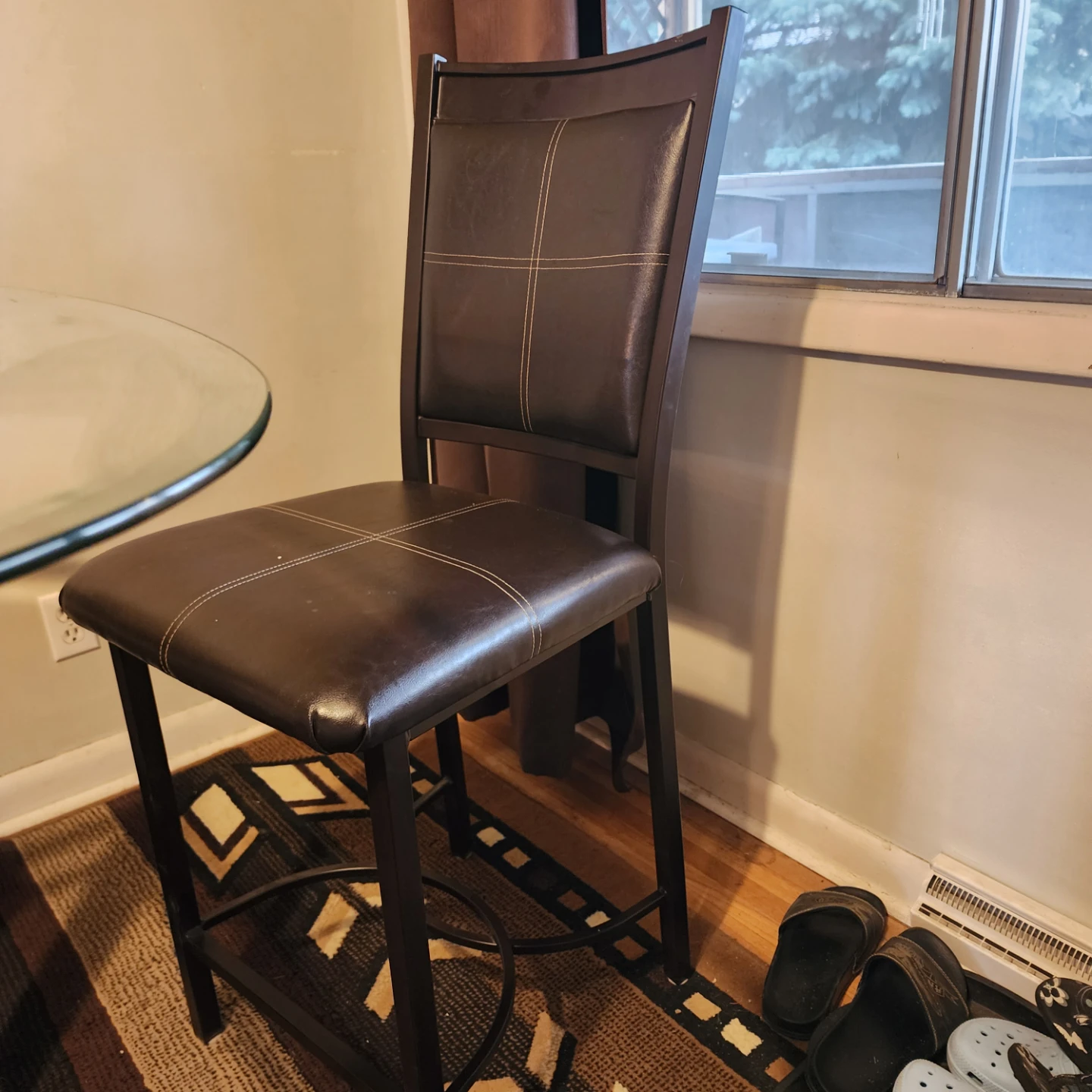 Bar chairs ×4 with glass top kitchen table - Brown Leather