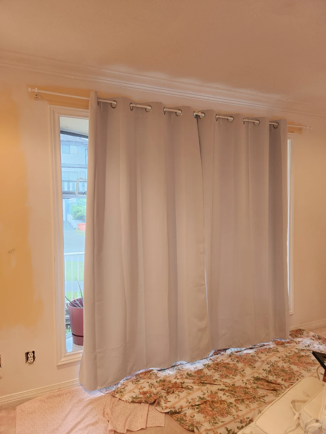 Light Grey Window Curtains and white rod