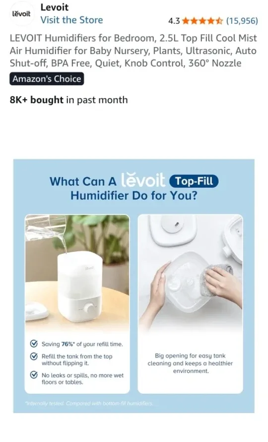 Levoit 2.5L Top Fill Cool Mist Air Humidifier image indicator(2)