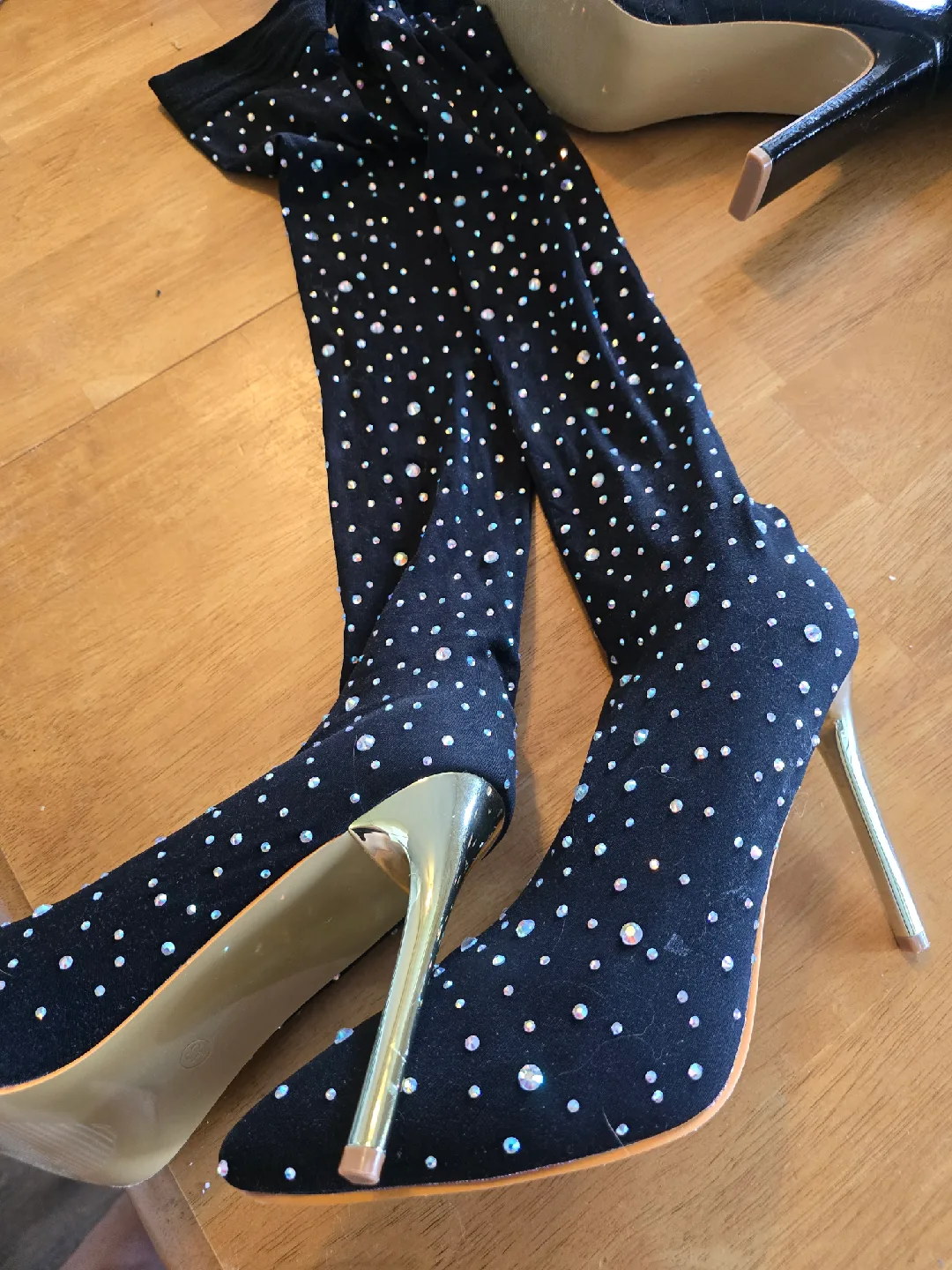 Black Rhinestone Over-the-Knee Stiletto Boots