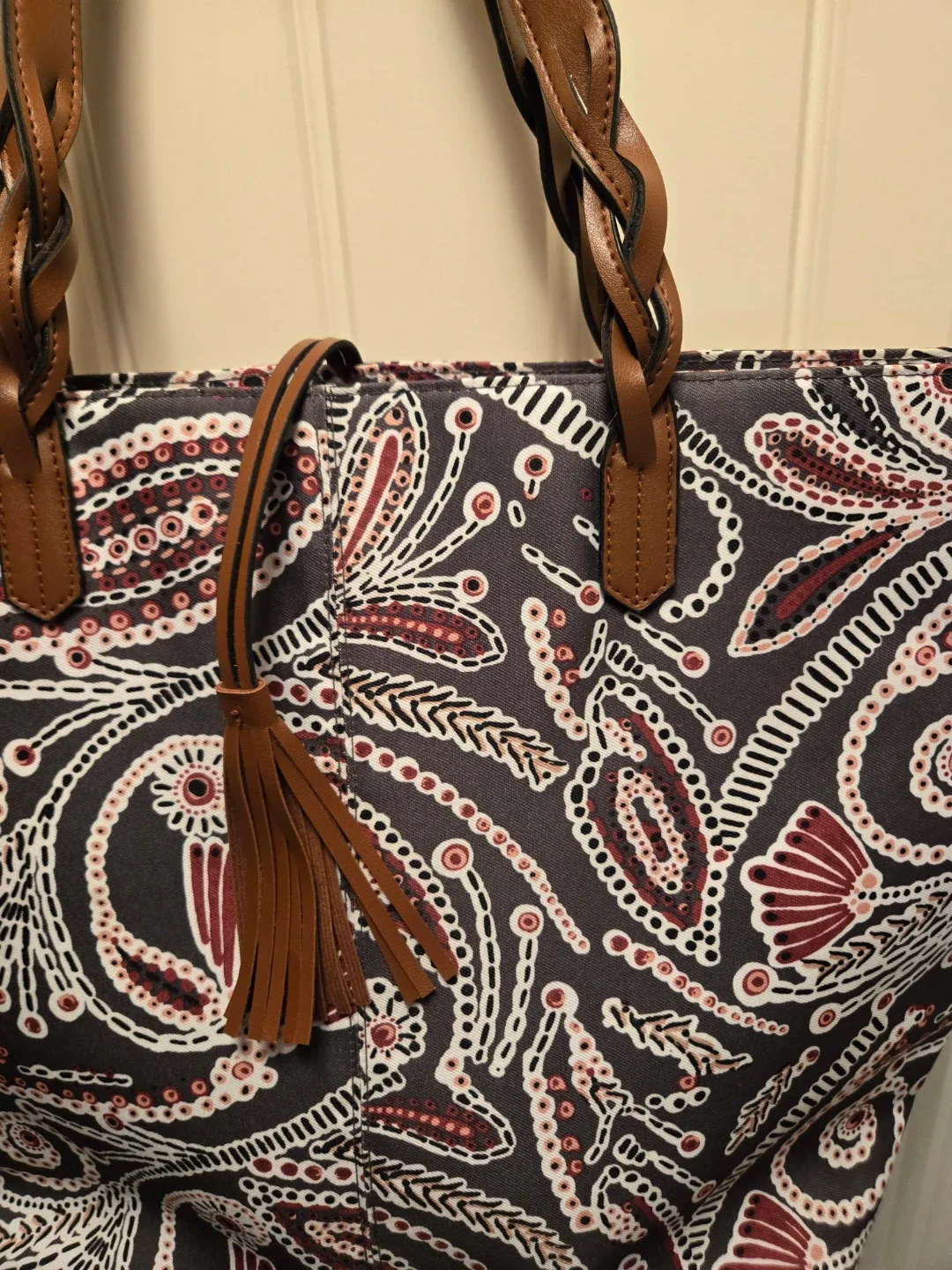 Tote Bag with Paisley Print & Brown Handles image indicator(2)