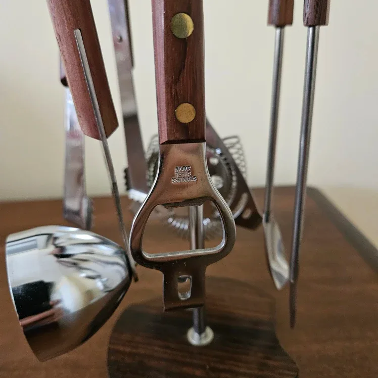 Vintage Stainless Steel Bar Tool Set with Wood Handles image indicator(2)