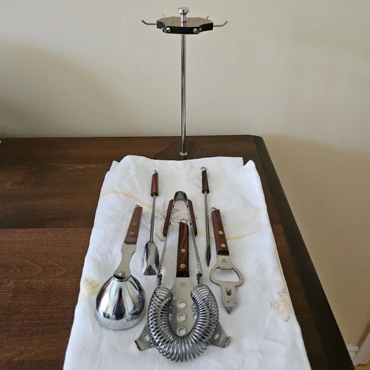 Vintage Stainless Steel Bar Tool Set with Wood Handles image indicator(4)