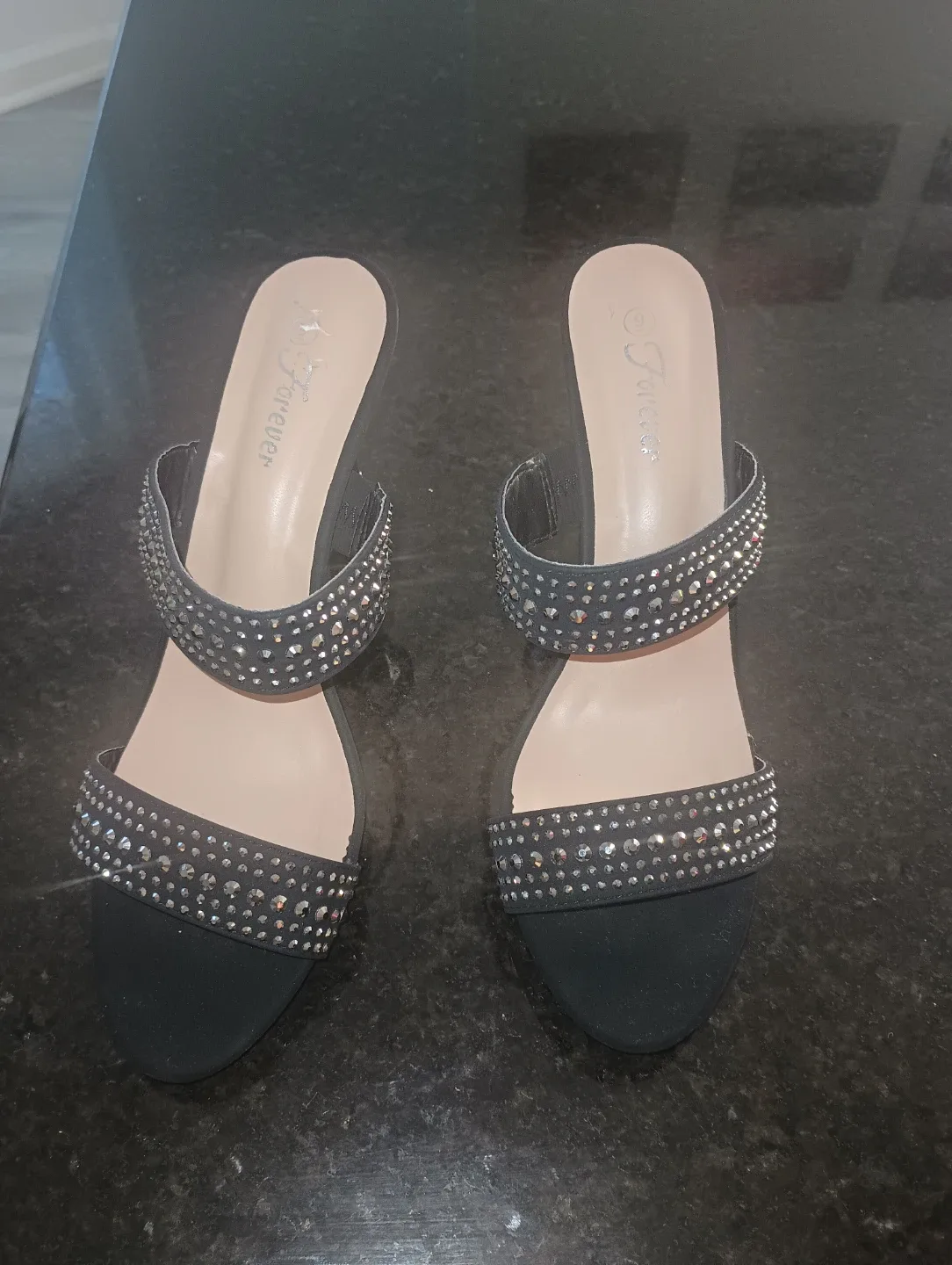 Forever Black Rhinestone Heels - Size 6