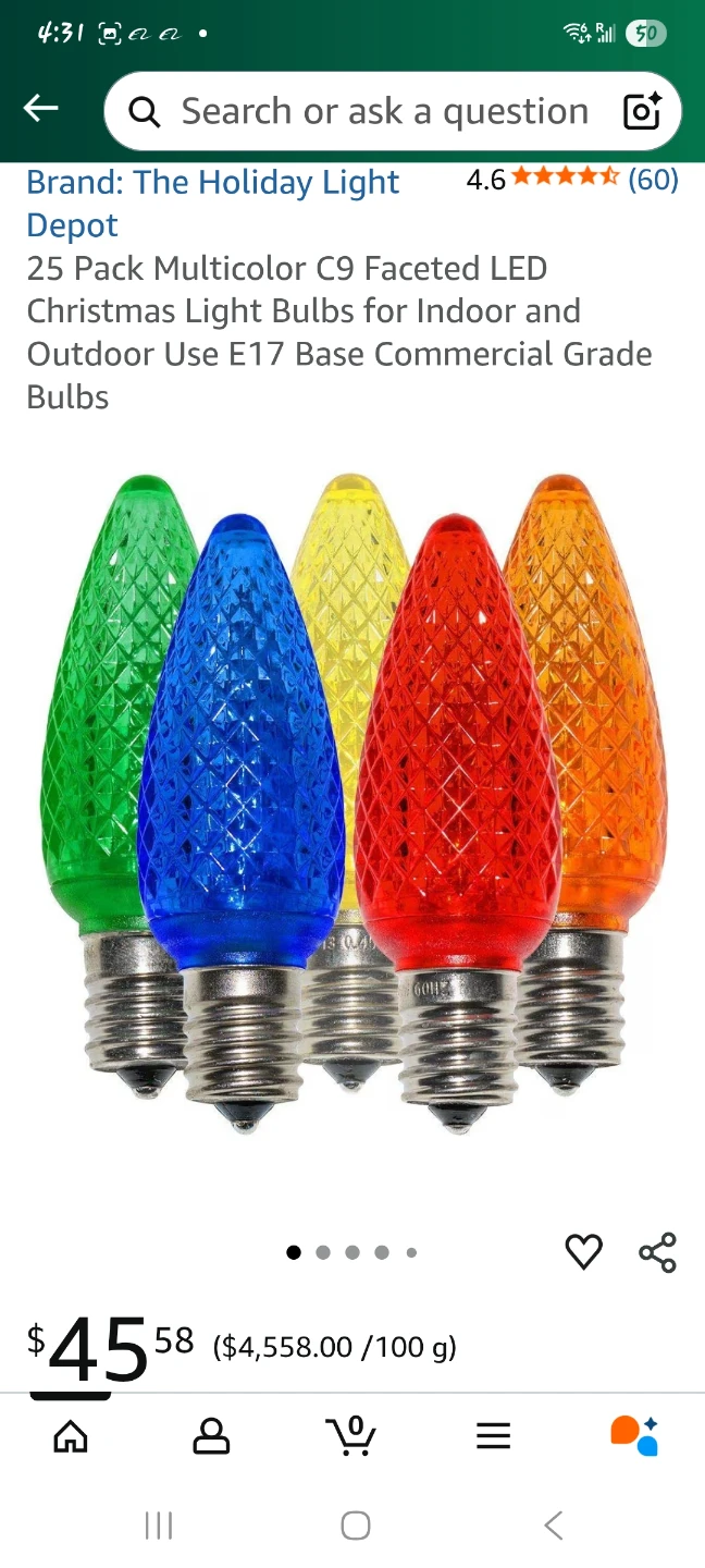 25 Pack Multicolored  C9 LED Christmas Bulbs -E17 Base