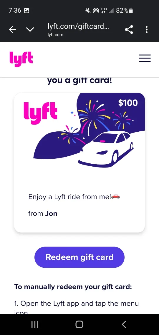 Lyft $100 Giftcard