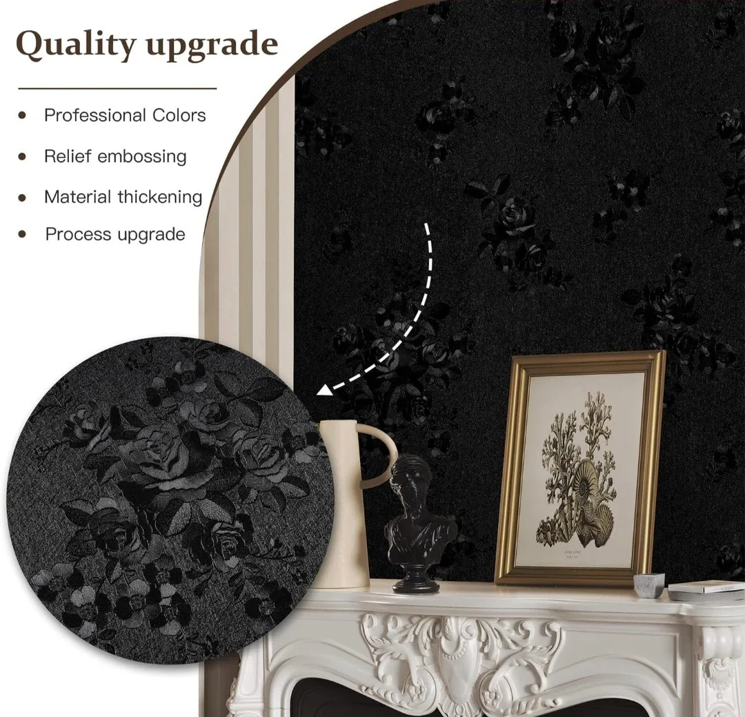 Peel and Stick Black Floral Embossed Wallpaper 17.7''x236'' image indicator(2)