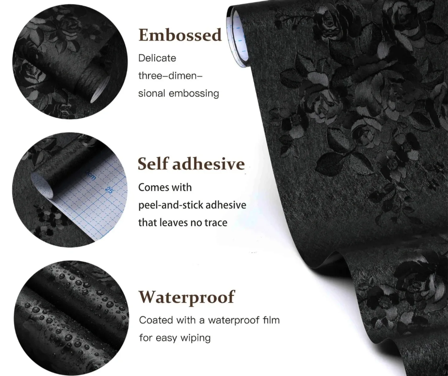 Peel and Stick Black Floral Embossed Wallpaper 17.7''x236'' image indicator(6)