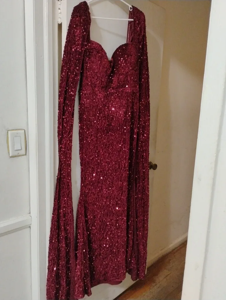 Burgundy Sequin Long Sleeve Dress