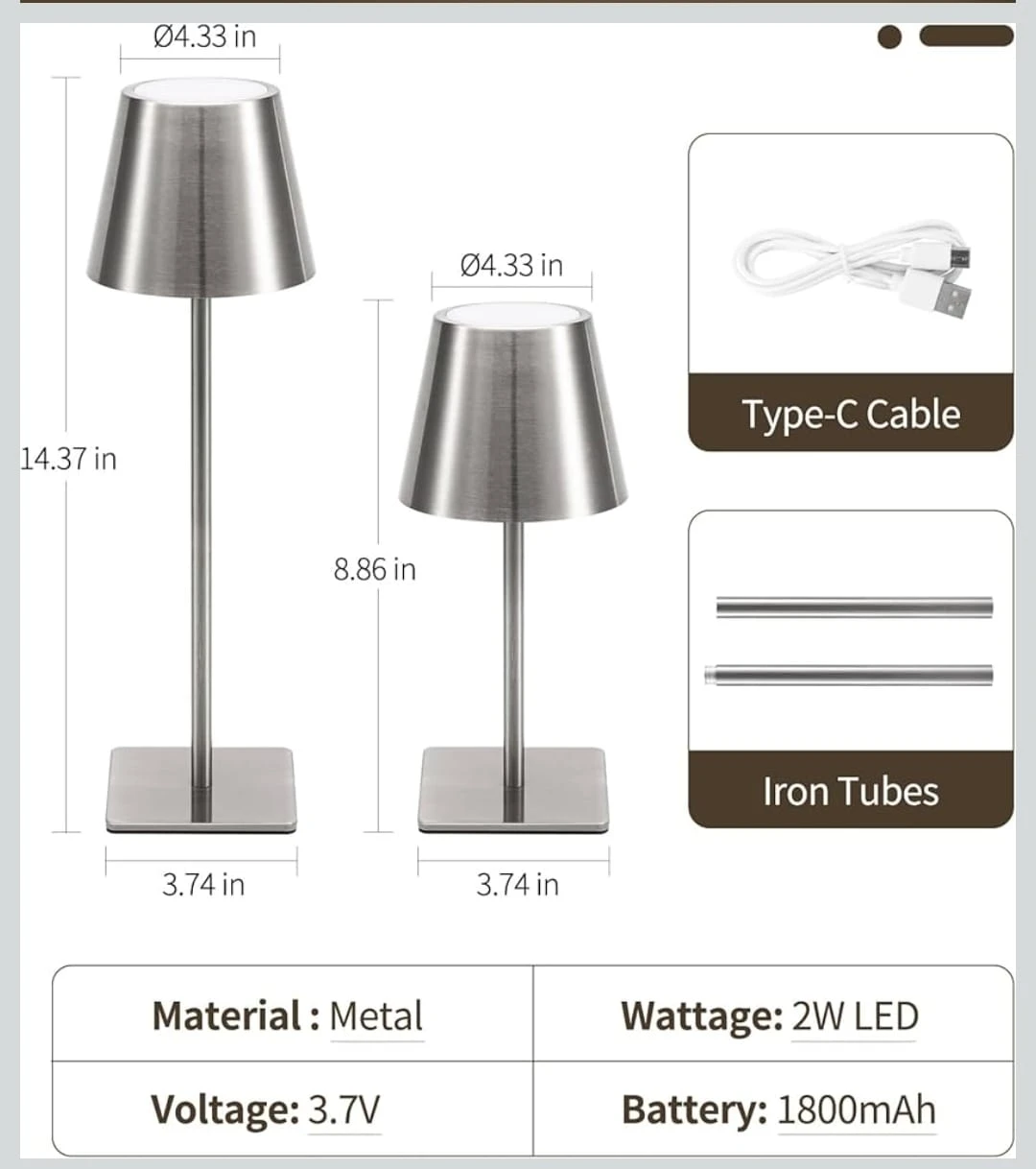 Silver Metal Cordless Table Lamp battery operated - photo 2