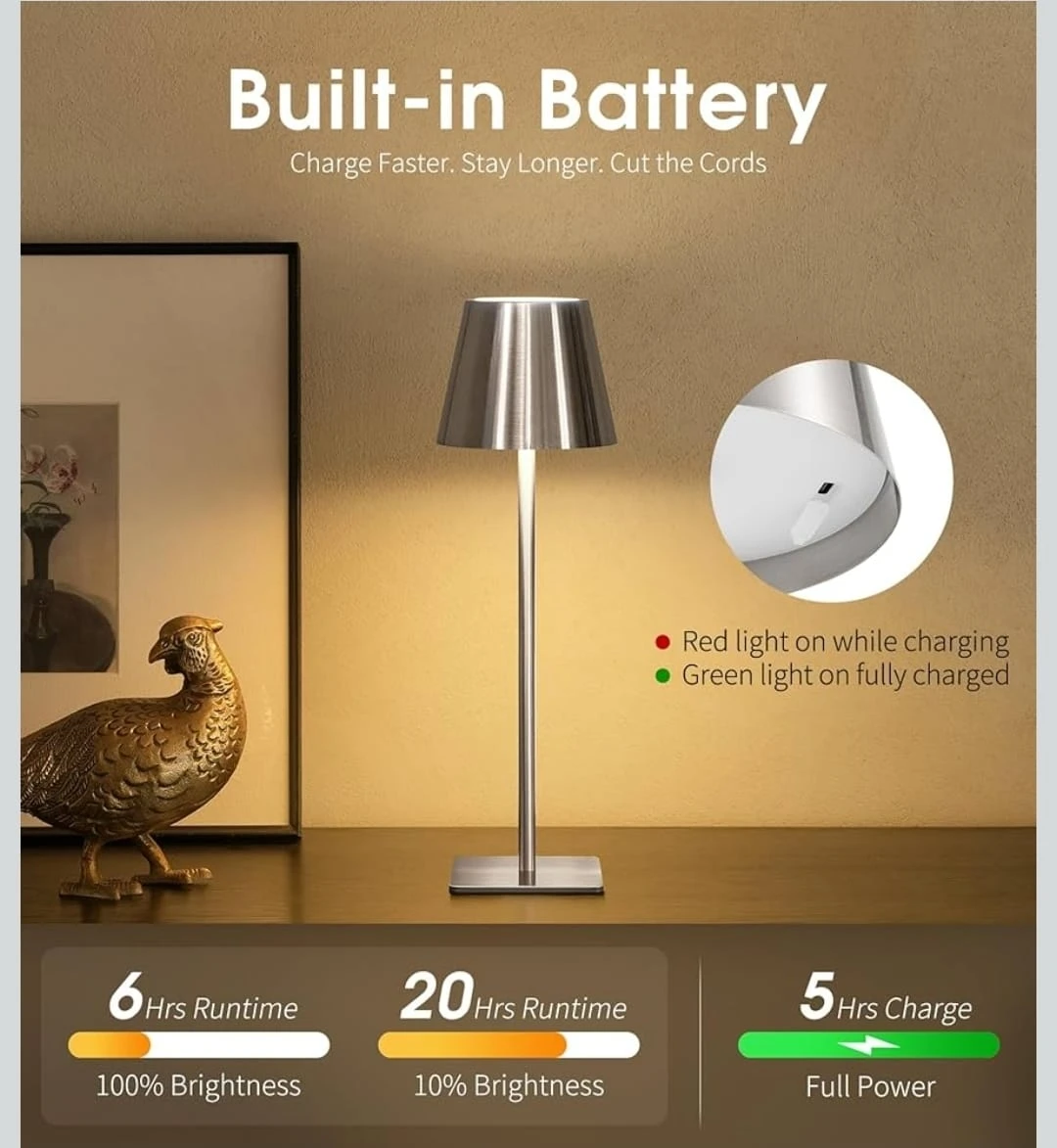 Silver Metal Cordless Table Lamp battery operated - photo 3