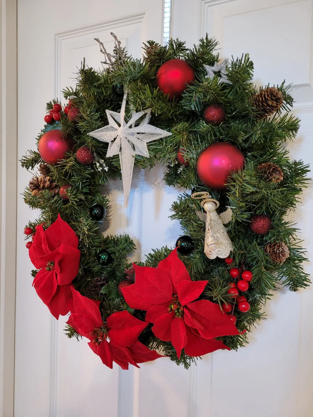 Crafted Christmas Wreath w/ Red Poinsettias & Ornaments 19" image indicator(2)