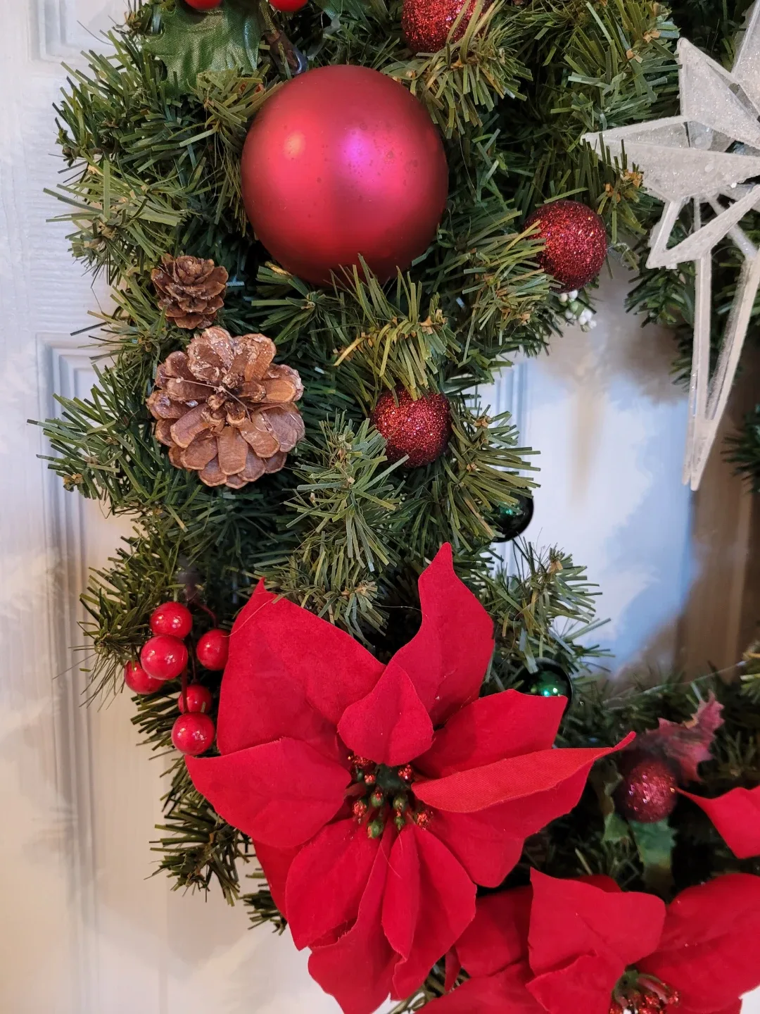 Crafted Christmas Wreath w/ Red Poinsettias & Ornaments 19" image indicator(6)