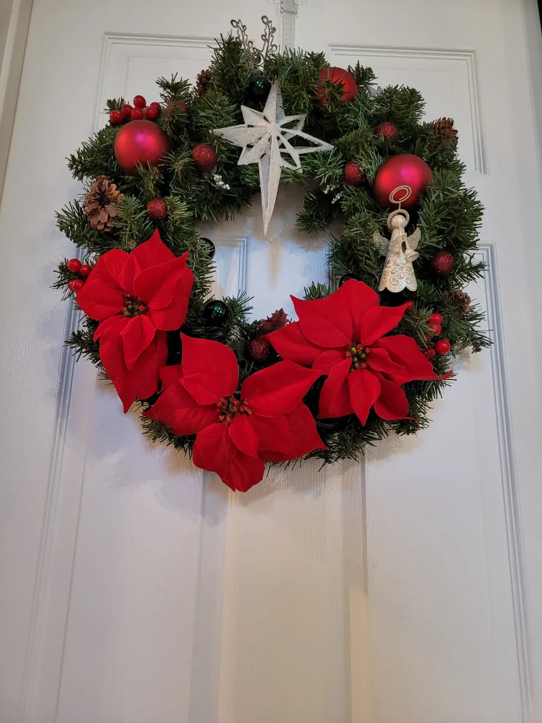 Crafted Christmas Wreath w/ Red Poinsettias & Ornaments 19" image indicator(7)