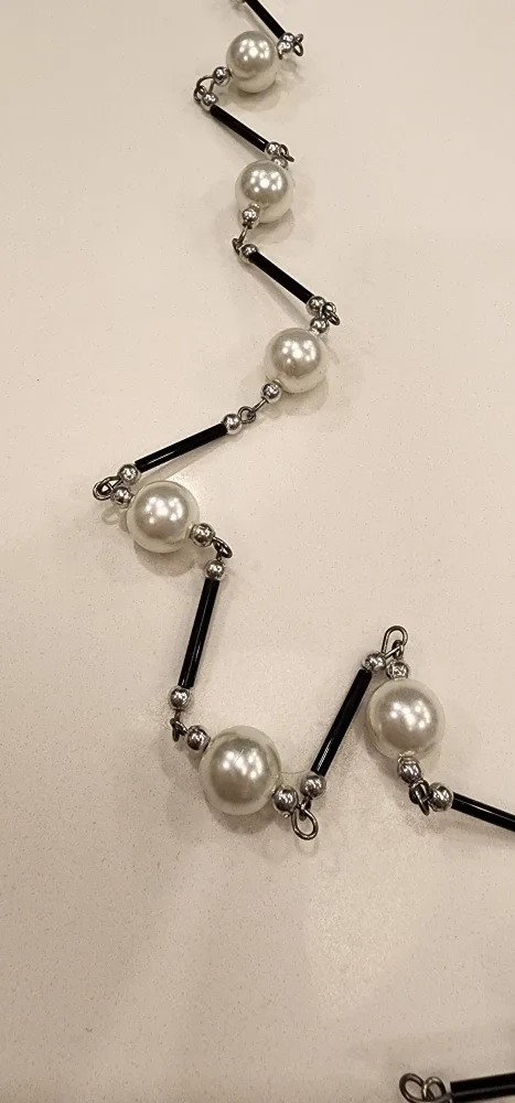 Vintage 56" Long Beaded Necklace – Pearl & Black Tube Beads