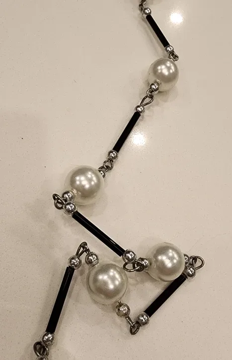 Vintage 56" Long Beaded Necklace – Pearl & Black Tube Beads image indicator(3)