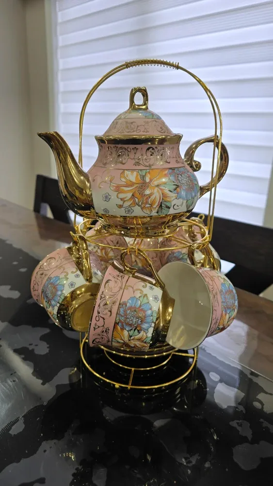Floral Tea Set with Gold Stand