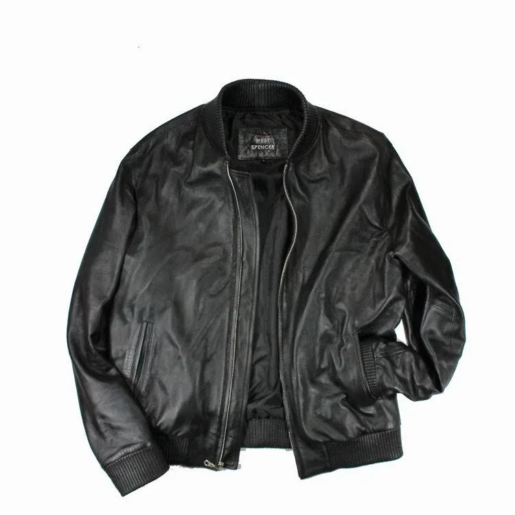 Medium Black Leather Bomber Jacket