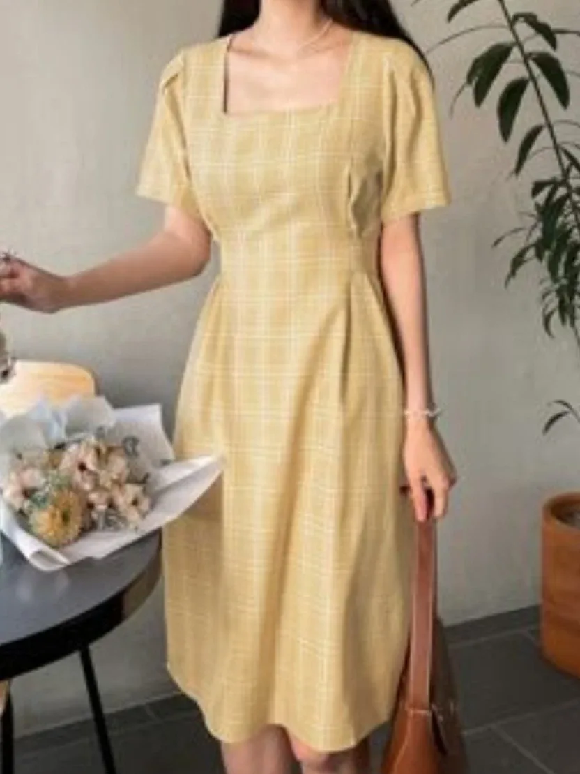 Yellow Plaid Short Sleeve Dress