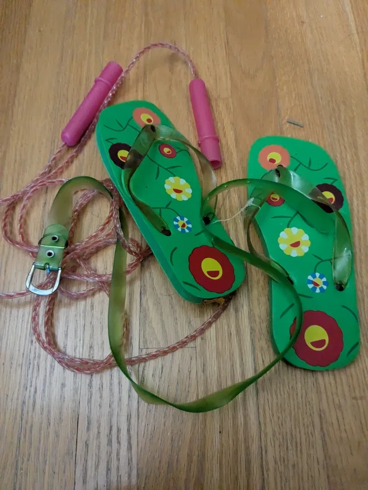 Green Floral Flip Flops with Skipping Rope